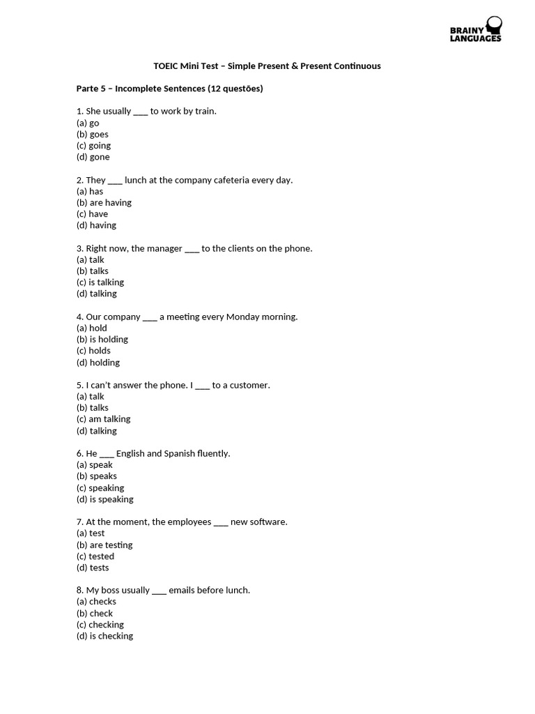Toeic Mini Test Simple Present And Present Contunuous Pdf
