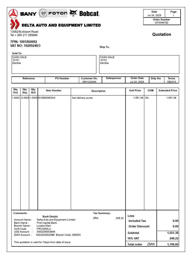 Quotation for Fuel Delivery Pump | PDF | Trade | Economies