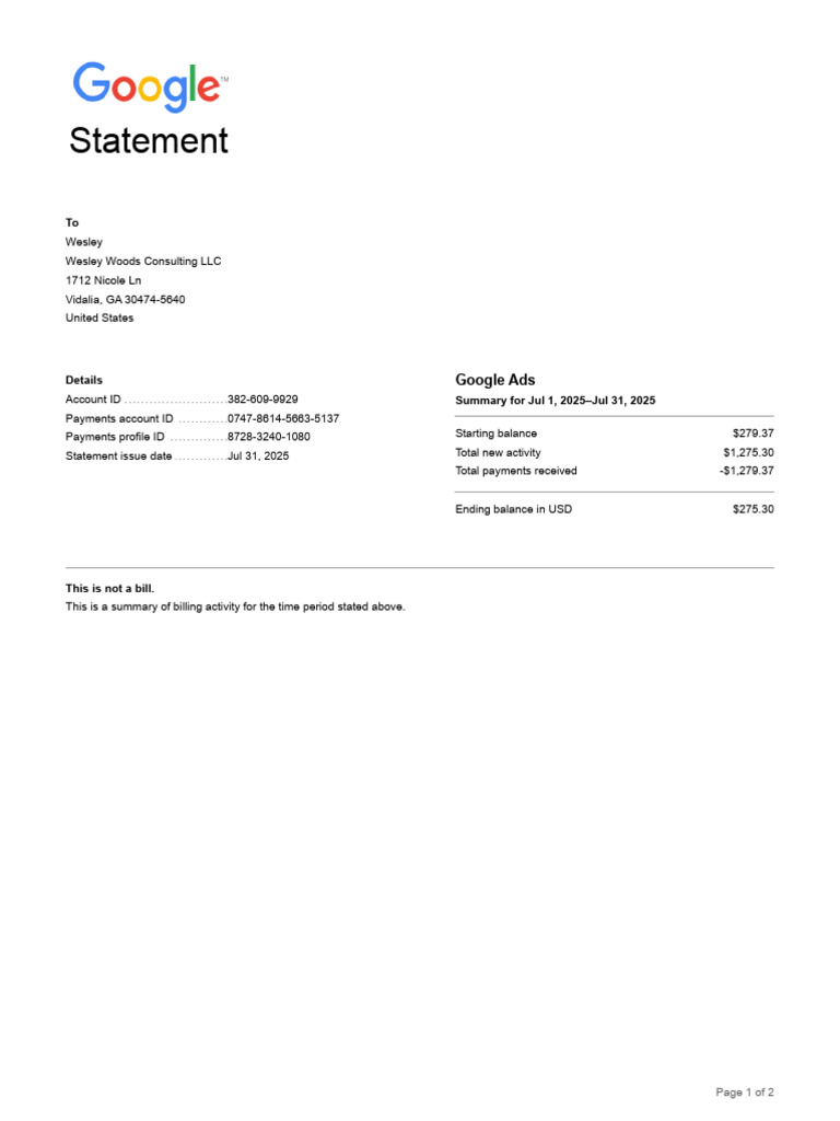Google Ads Billing Statement Summary | PDF