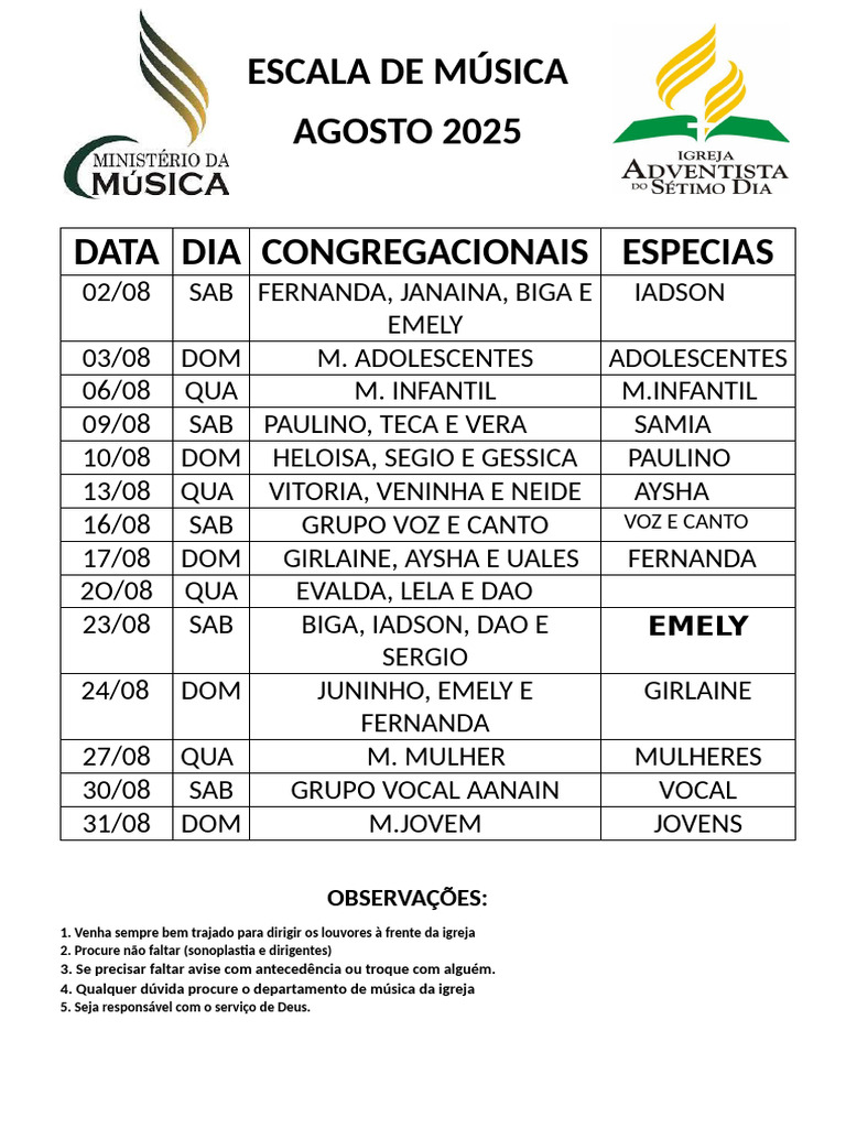 Escala de Música - Agosto 2025 | PDF