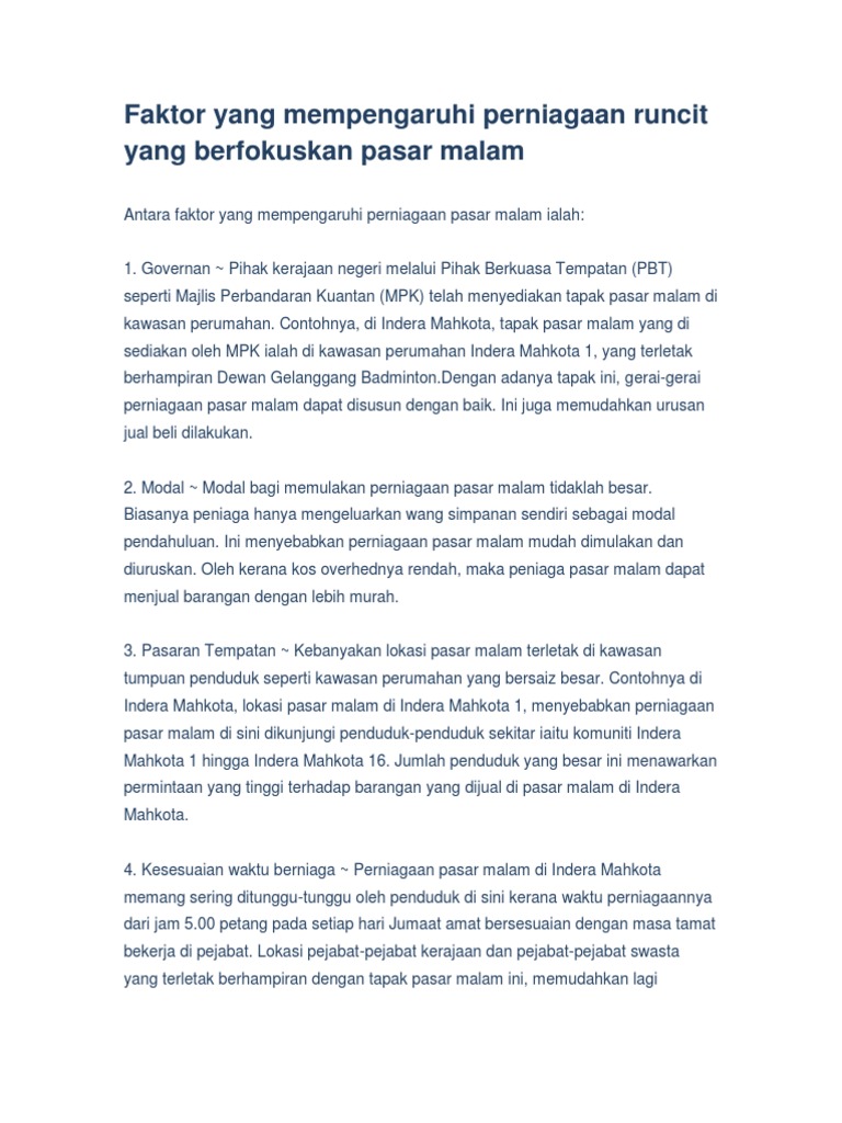 Faktor Yang Mempengaruhi Perniagaan Runcit Yang Berfokuskan Pasar Malam Pdf