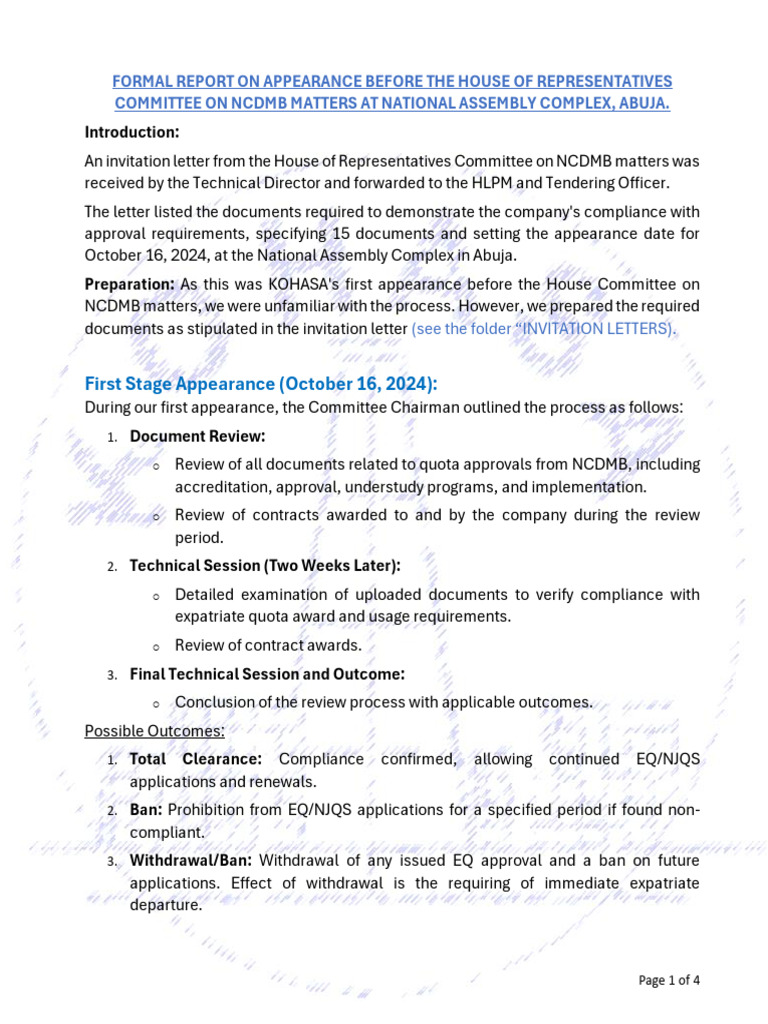 Formal Report On Appearance Before The House of Representatives ...