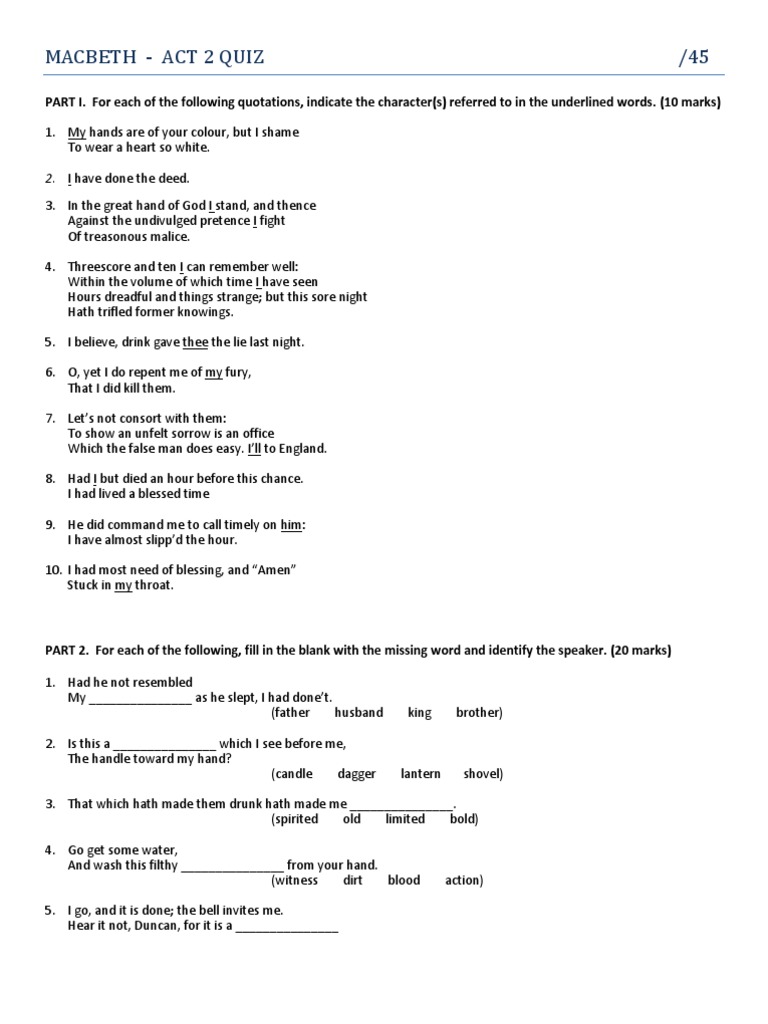 Act 2 Quiz Macbeth Shakespearean Tragedies