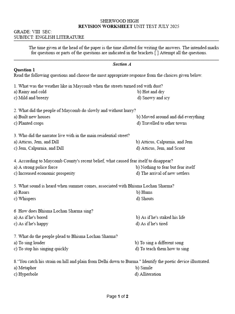 English Worksheet | PDF | To Kill A Mockingbird