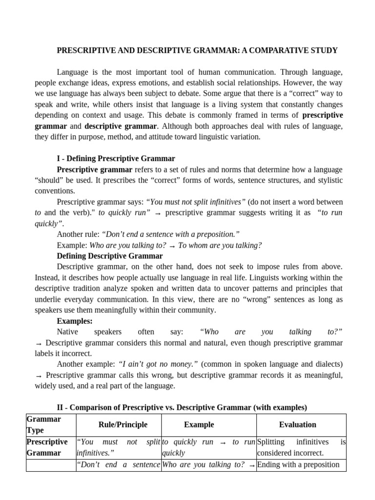 Comparing Prescriptive and Descriptive Grammar | PDF | Grammar ...