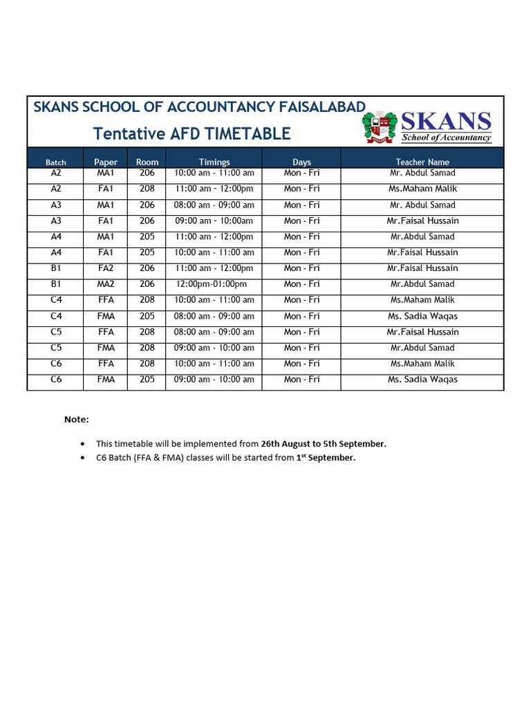 SKANS AFD Timetable: Aug 26 - Sep 5 | PDF