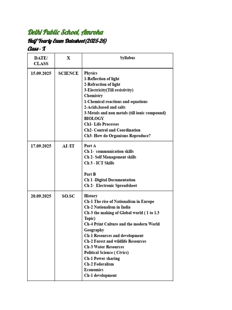 DPS Amroha Class X Half Yearly Exam Schedule | PDF