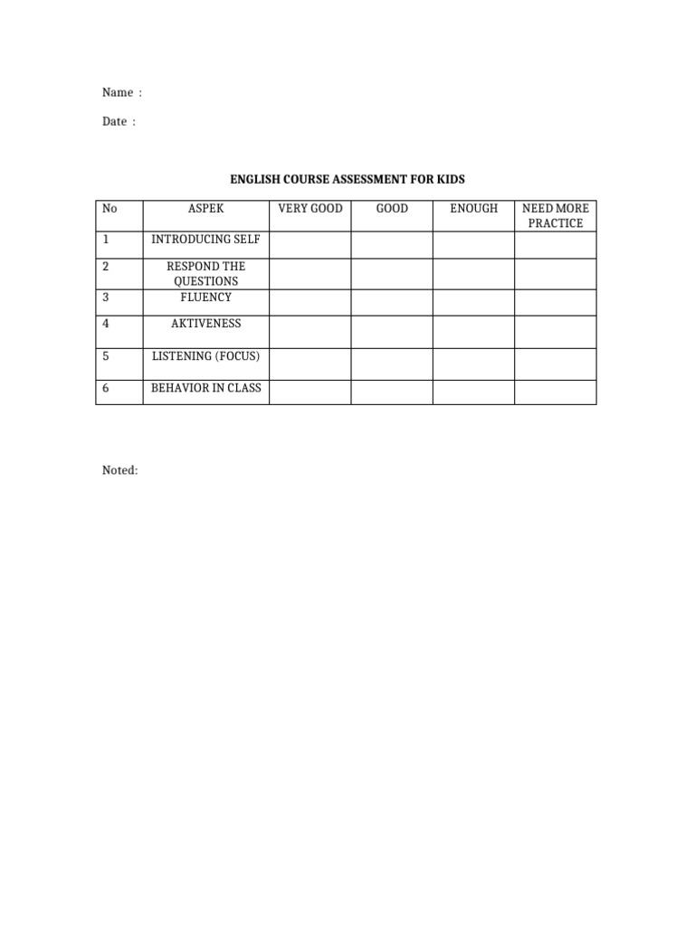 English Course Assessment for Kids | PDF