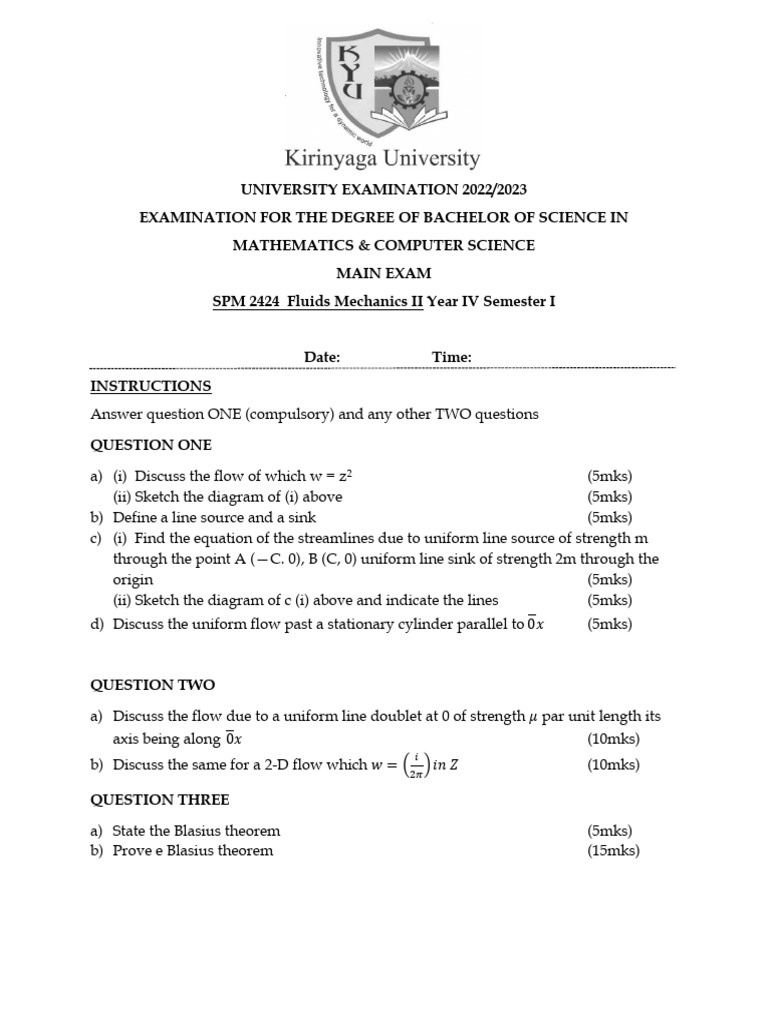 Fluid Mechanics Exam Questions 2022/23 | PDF | Fluid Dynamics | Mechanics