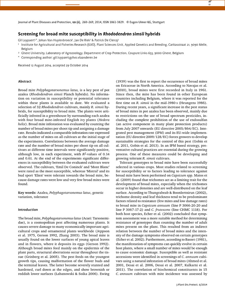 Screening For Broad Mite Susceptibility in Rhododendron Simsii Hybrids ...