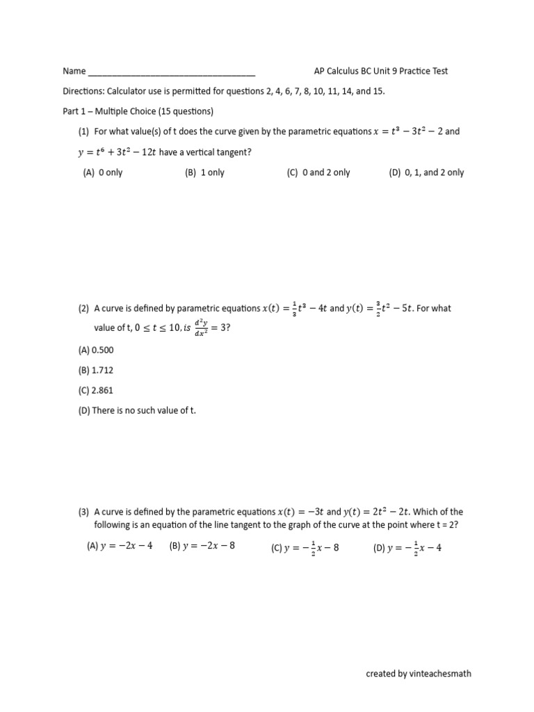 AP Calculus - Unit 9 Practice Exam | PDF | Tangent | Velocity