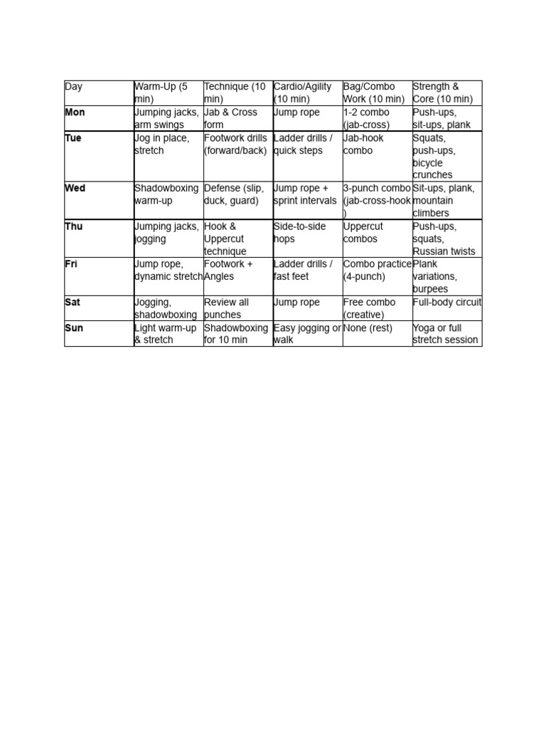 Weekly Boxing Training Schedule | PDF