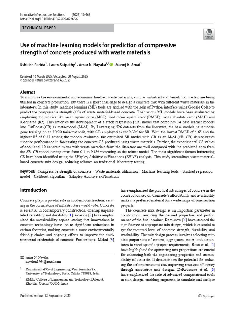 Use of Machine Learning Models For Prediction of Compressive Strength ...