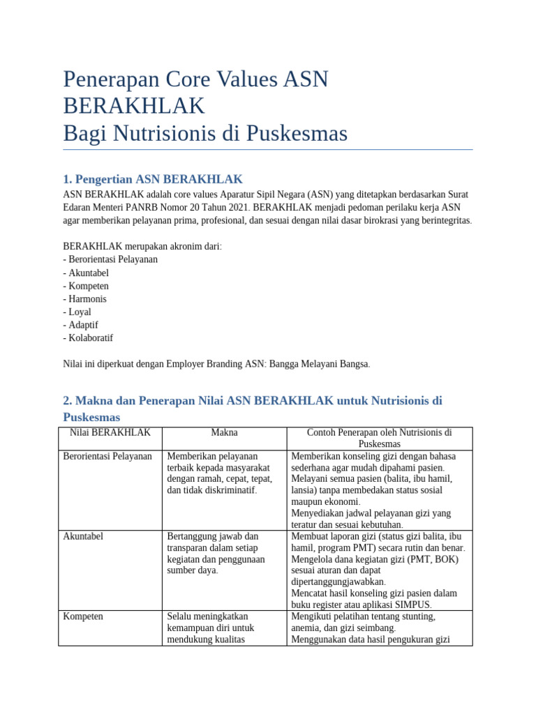 Penerapan Nilai ASN BERAKHLAK untuk Nutrisionis | PDF