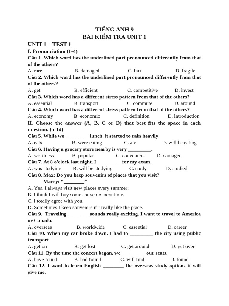 English 9 Unit 1 Test Questions | PDF | Transport | Vehicles