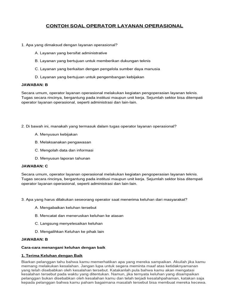 Contoh Soal Operator Layanan Operasional | PDF