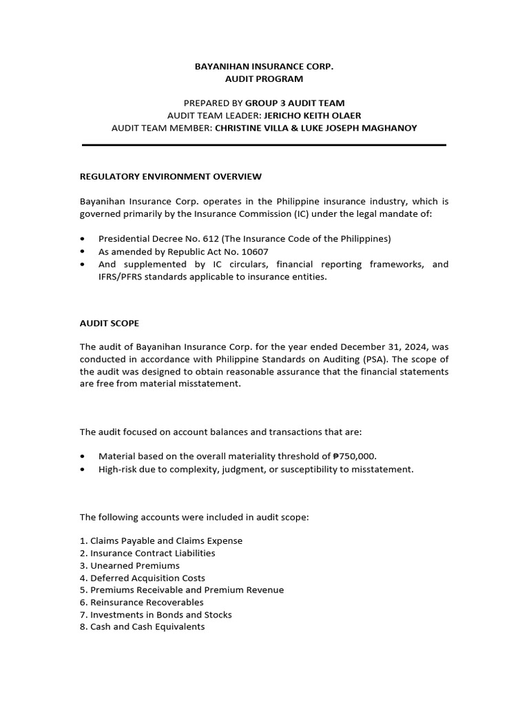Bayanihan Insurance Corp. Audit Program | PDF | Audit | Insurance