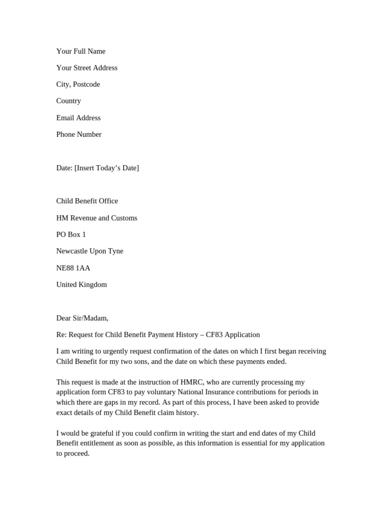 Request For Child Benefit History Letter PDF