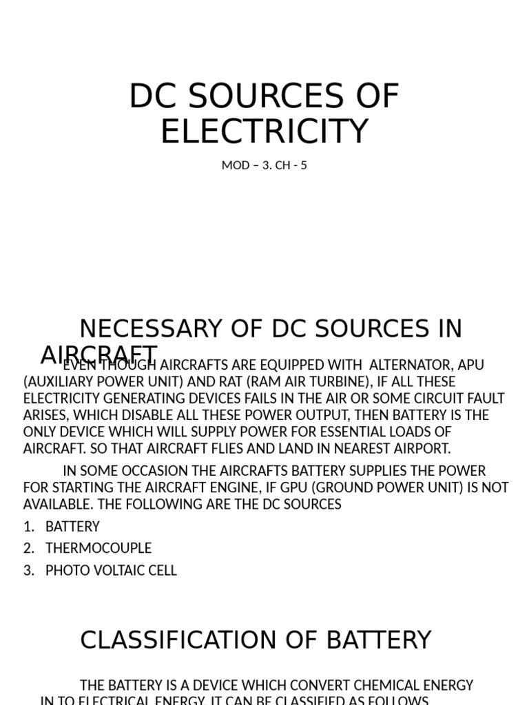 Essential DC Electricity Sources in Aircraft | PDF | Rechargeable ...