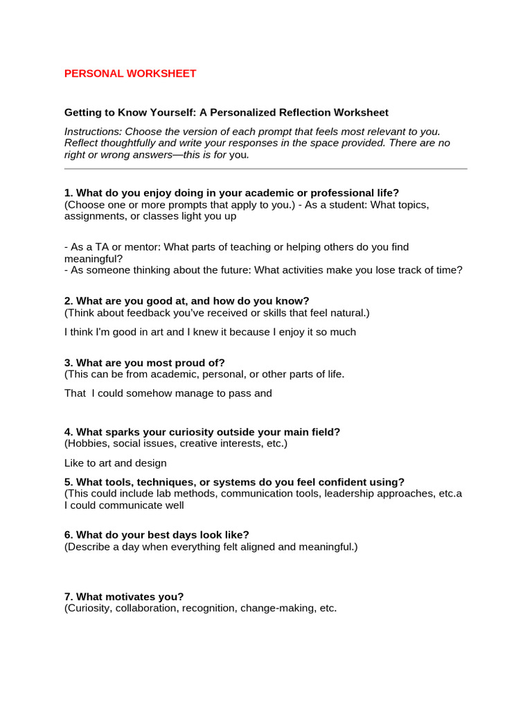 Personalized Reflection Worksheet | PDF