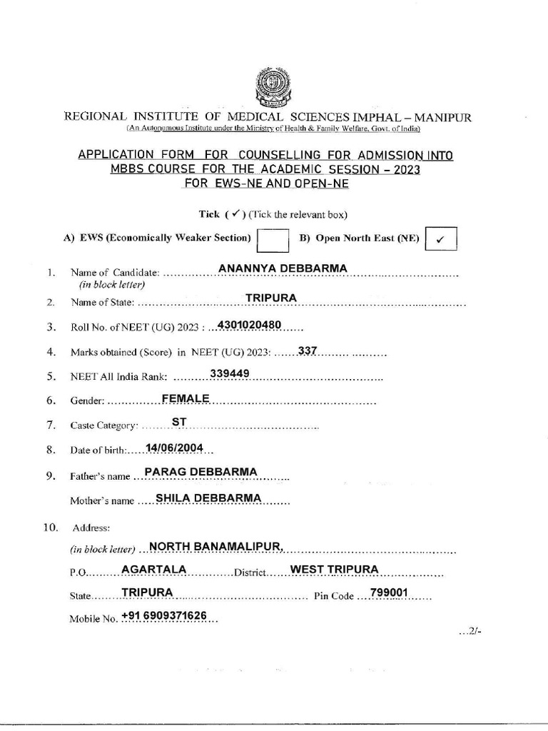 Application Form For Counselling For Admission Into Mbbs Course For The ...