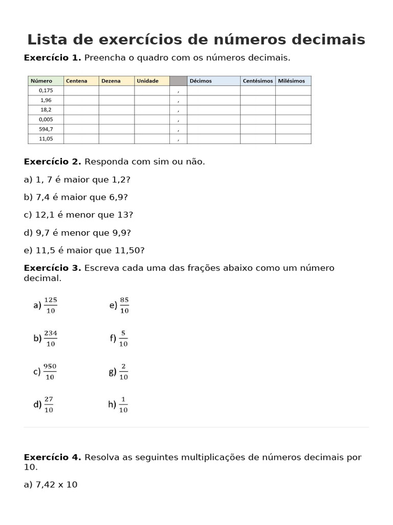 Lista de Exercícios de Números Decimais | PDF