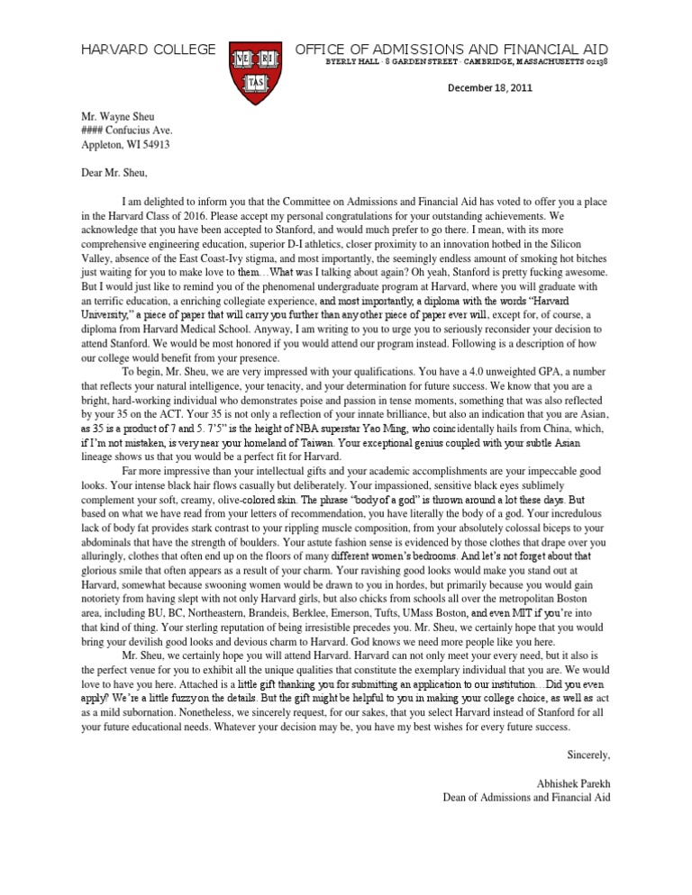 Harvard Acceptance Letter Harvard University