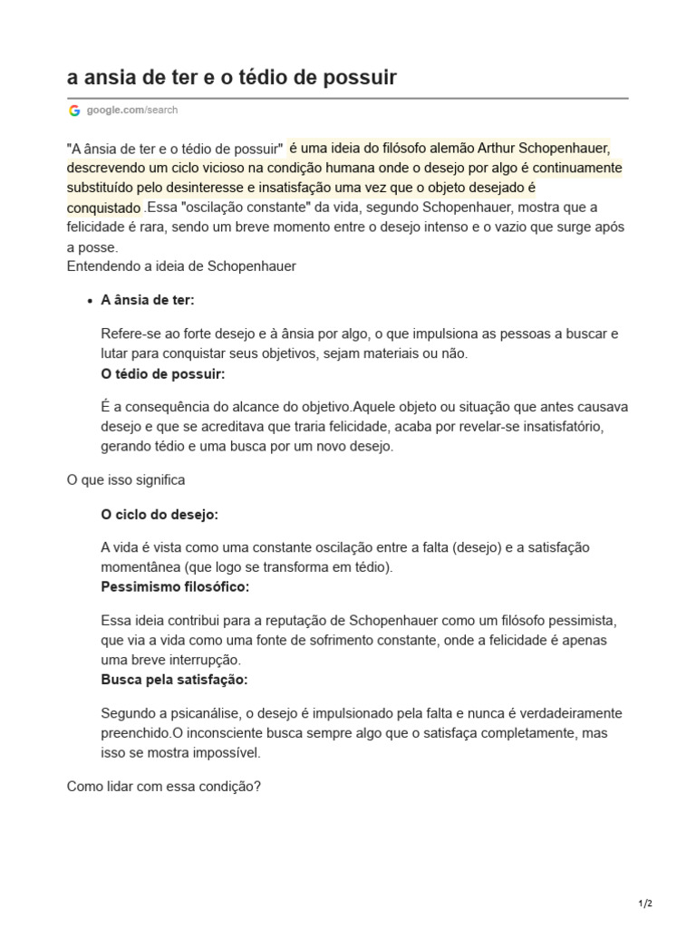 Ansiedade e Tédio na Posse segundo Schopenhauer | PDF