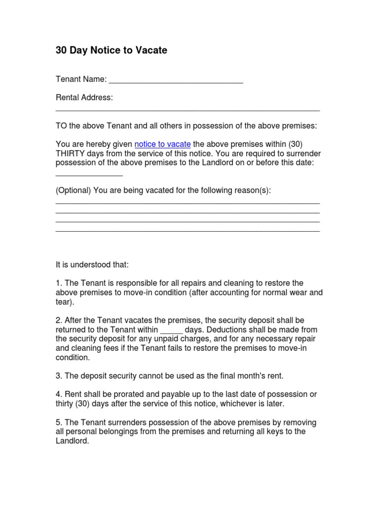 30 day notice to vacate