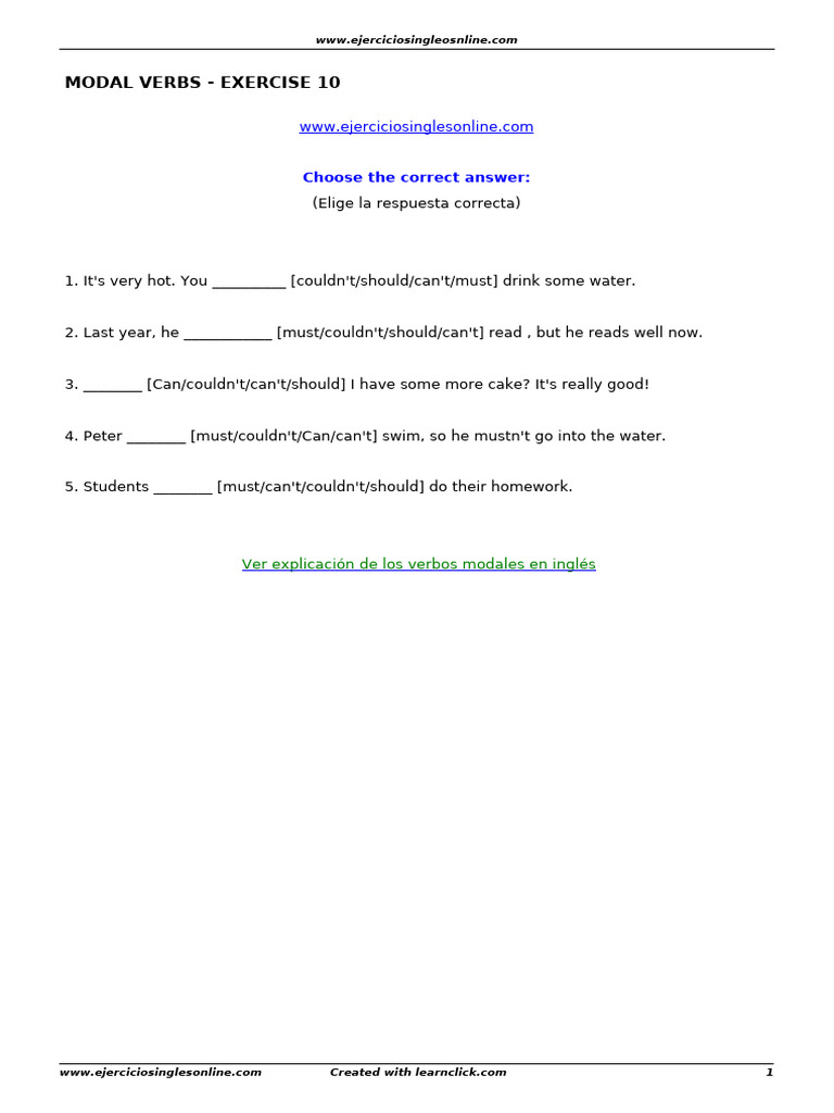 Modal Verbs Exercise for English Learners | PDF