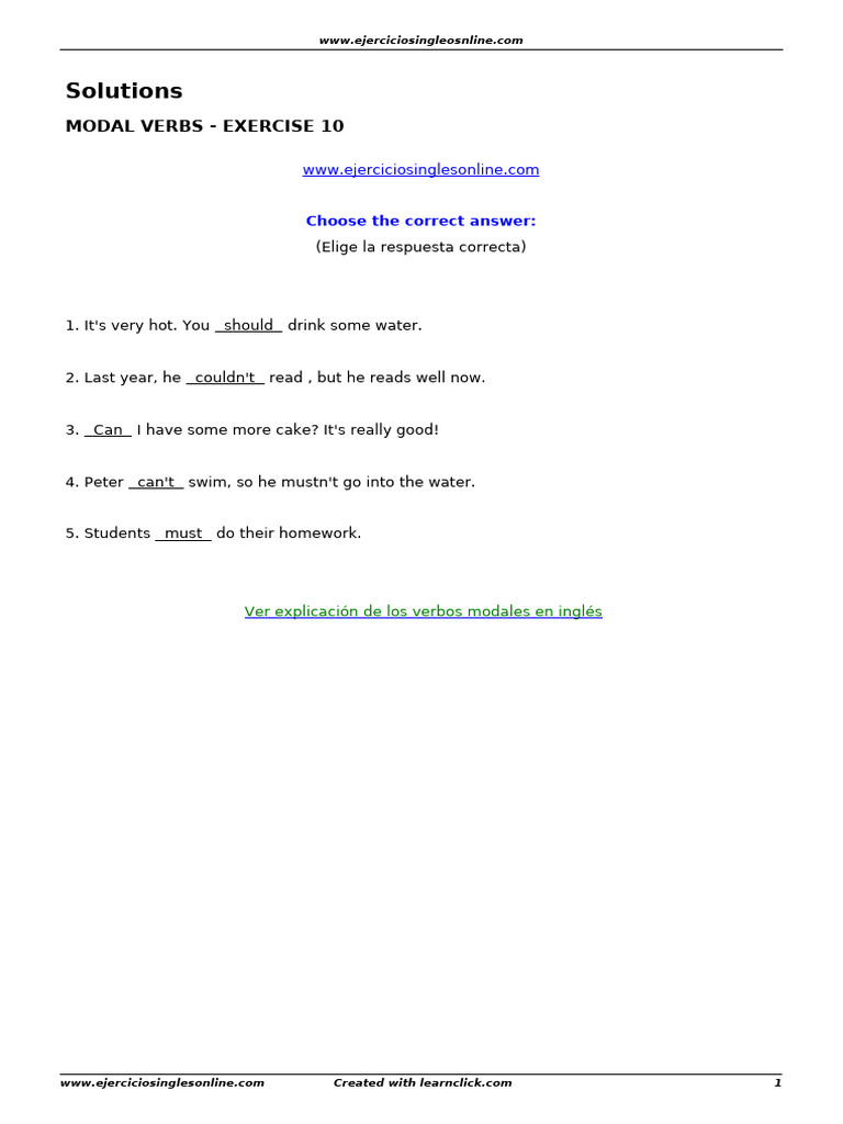 Solutions Modal Verbs Exercise 10 | PDF
