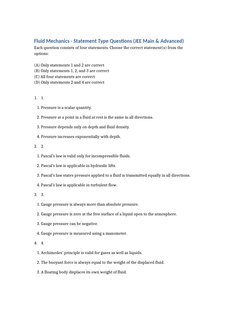 Fluid Mechanics Statement Questions | PDF | Fluid Dynamics | Pressure