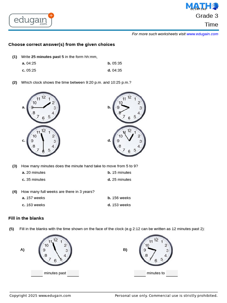 Grade 3 Time Worksheets | PDF