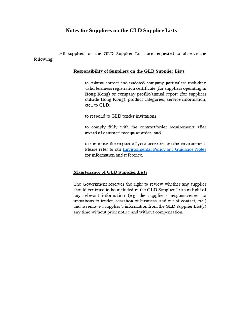 GLD Supplier Lists Guidelines and Responsibilities | PDF