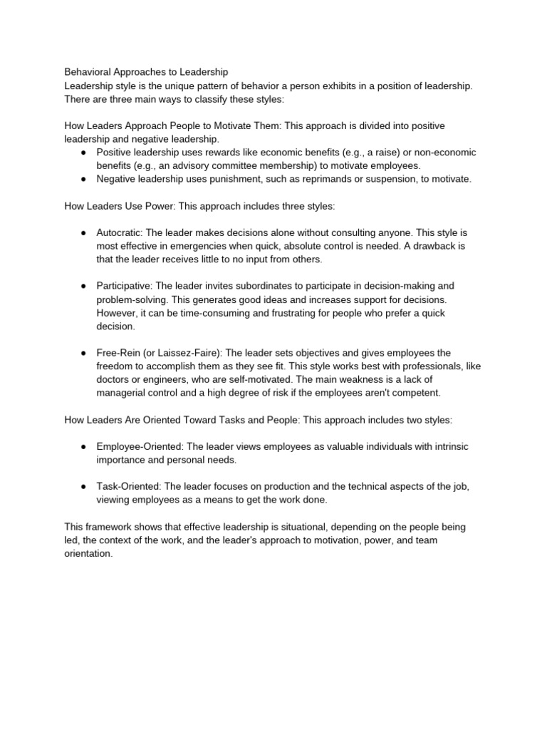 Behavioral Approaches To Leadership | PDF