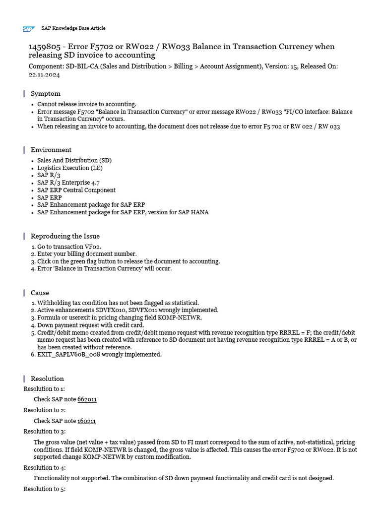 Resolving RW033 Balance Errors in SAP | PDF | Debits And Credits | Invoice
