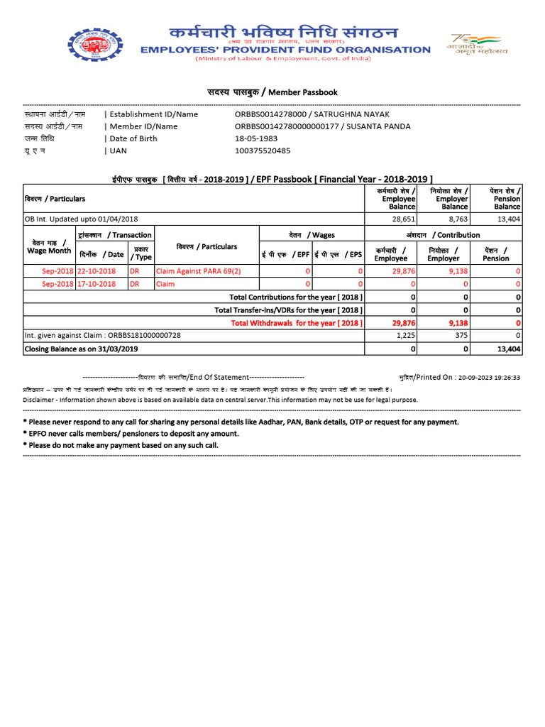 EPF Passbook Statement 2018-2019 | PDF | Labor Relations | Demographic ...