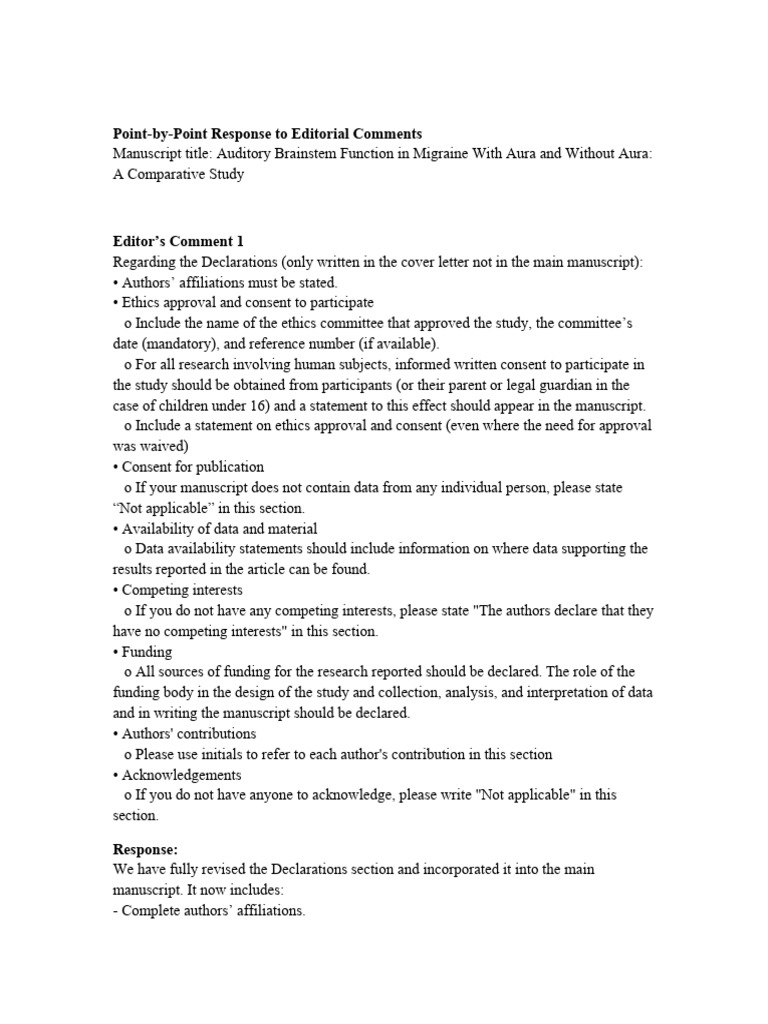 Response to Editorial Comments on Manuscript | PDF | Medicine