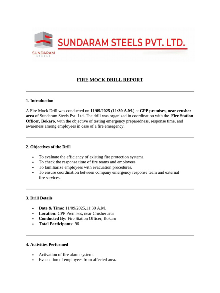 Fire Mock Drill Report - Sundaram Steels | PDF
