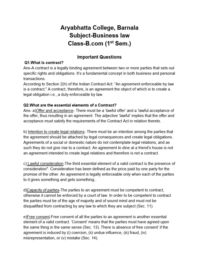 Business Law Notes for B.Com 1st Year | PDF | Offer And Acceptance ...