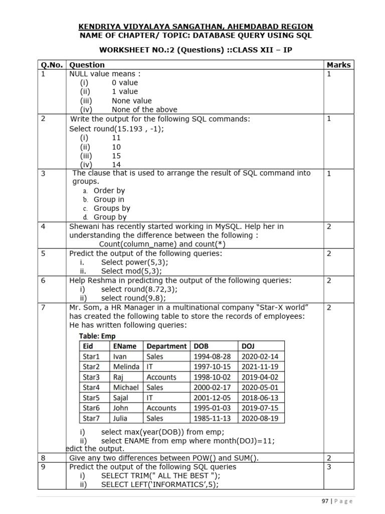 SQL Query Worksheet for Class XII IP | PDF | Sql | Databases
