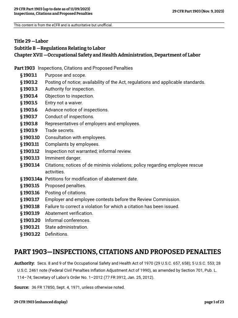29 CFR Part 1903 (Up To Date As of 11-09-2027) | PDF | Employment ...