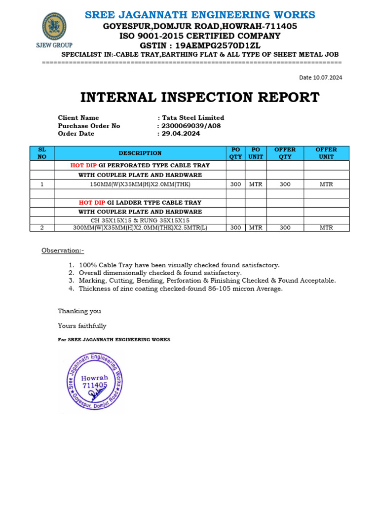 Internal Inspection Report for Tata Steel | PDF