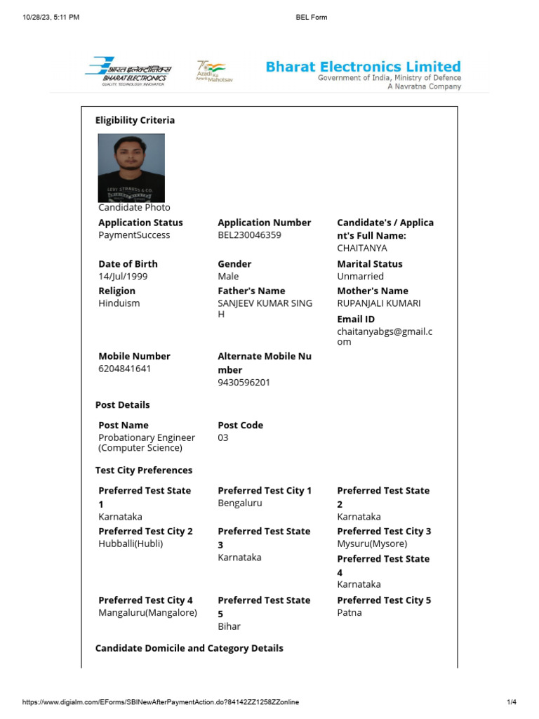 BEL Probationary Engineer Application | PDF