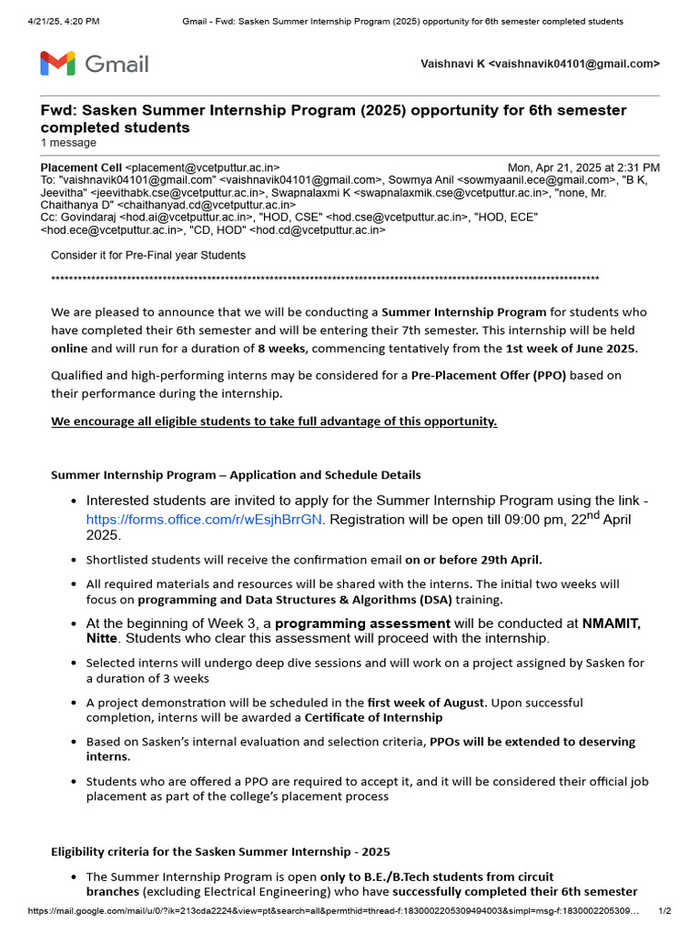 Sasken Summer Internship 2025 Details | PDF