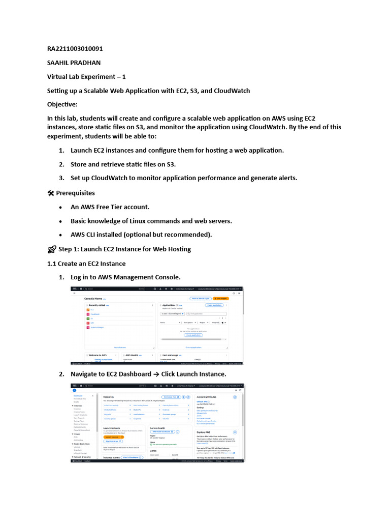 AWS Web App Setup with EC2, S3, CloudWatch | PDF | Networking ...