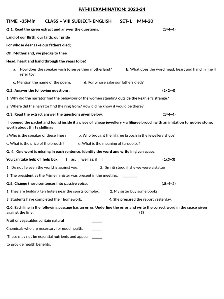 8th Std English Pat Paper 2023 24 Pdf