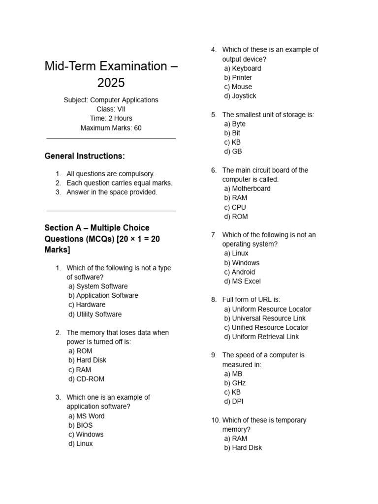 Computer Applications Mid-Term Exam 2025 | PDF | Computer Data Storage ...