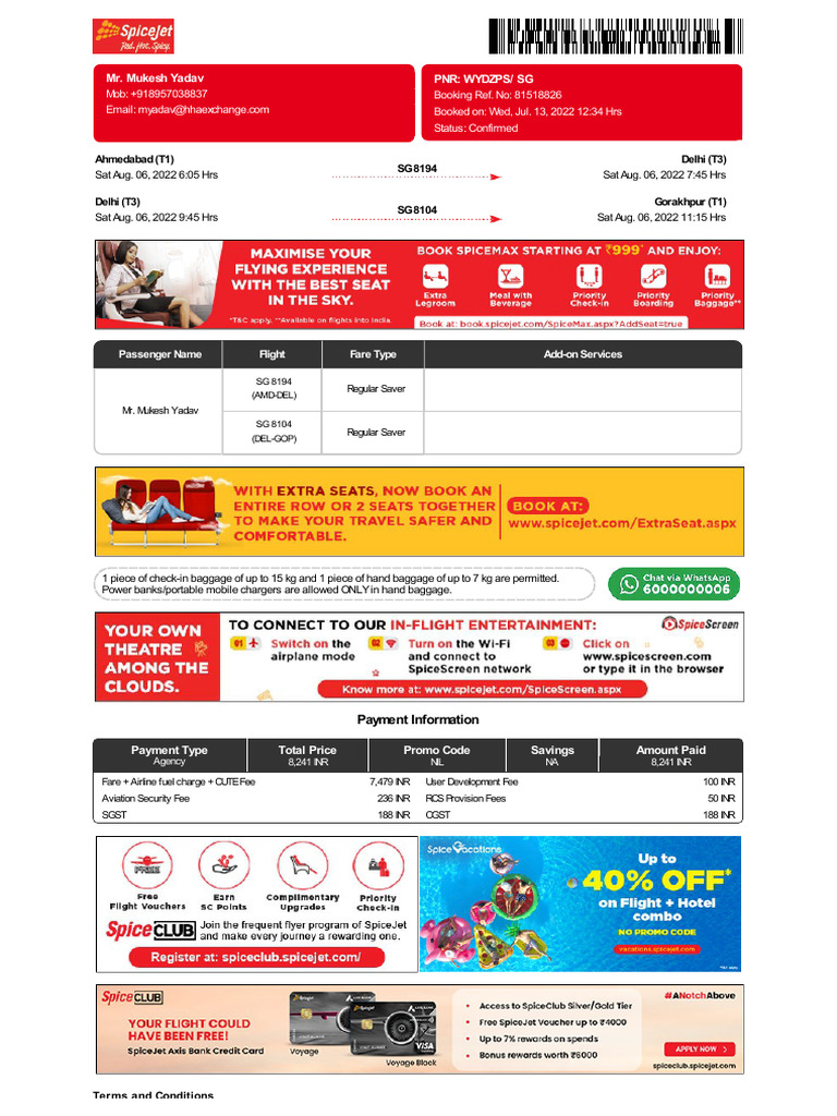 SpiceJet - E-Ticket - PNR - WYDZPS 06 Aug 2022 Ahmedabad-Delhi For MR ...
