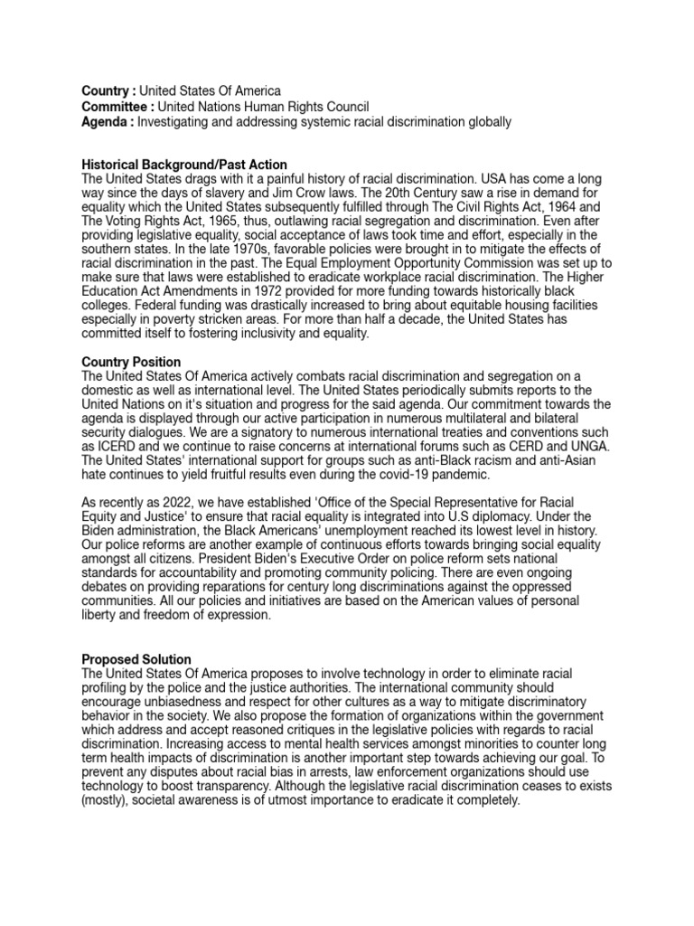 Position Paper - USA (UNHRC) | PDF | Discrimination | Social Policy